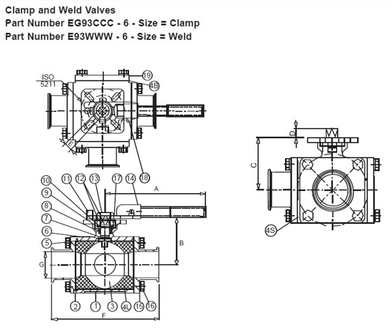Picture of 3-PC/T-PORT/3-WAY T316 BALL VALVE/CLAMP/PTFE CAVITY FILLER/REDUCED PORT